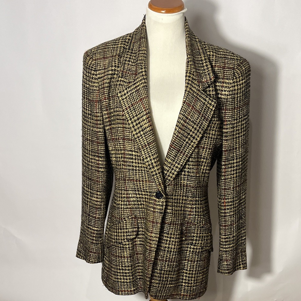 Vtg Anne Klein II Preppy Old Money Tan Black Red Plaid Blazer Jacket Size 10